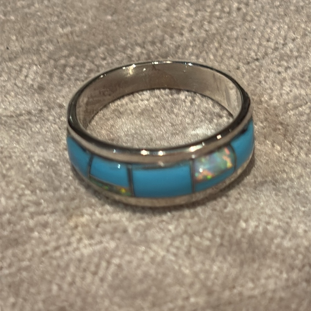 Blue Kingman Turquoise White Fire Opal Inlay Ring  Sterling Silver 925  size 5